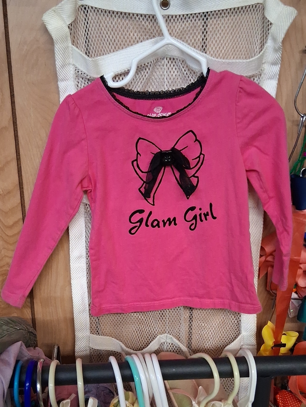 okie dokie Pink Long Sleeve Tee with Black Bow Graphic